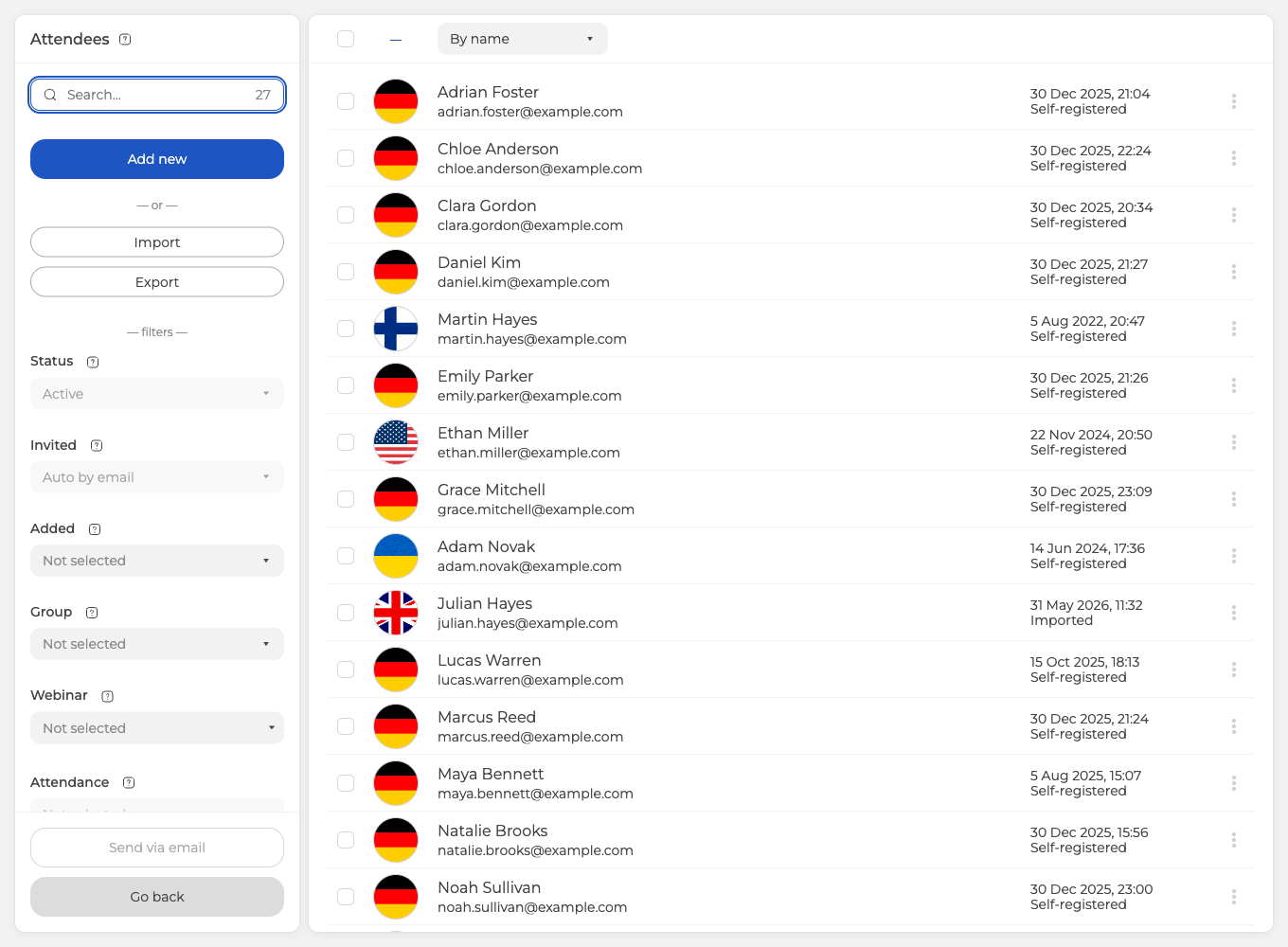 The attendee list in sending mode, with Send via email at the bottom of the left column