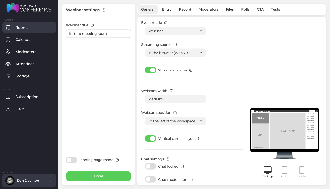 The Vertical camera layout switch under the webcam position setting on the General tab