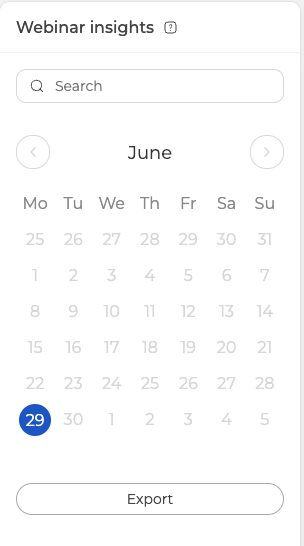 Das Panel der Webinar-Einblicke im Reiter Chat mit dem Datumskalender und dem Knopf zum Exportieren