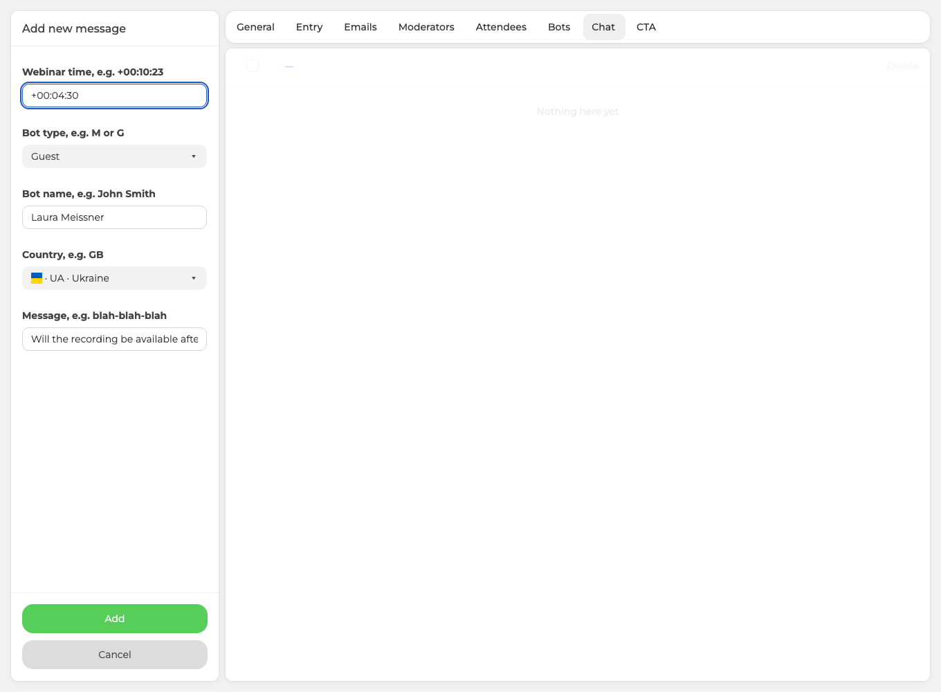 Форма Add new message на вкладці Chat, заповнені час, імʼя відправника, країна і текст
