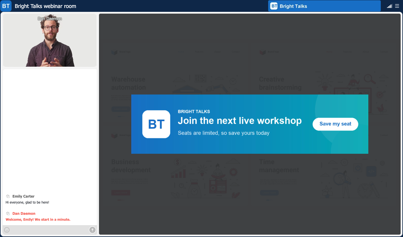A colorful banner CTA over the slide in a branded webinar room, with the presenter camera and the chat still visible on the left