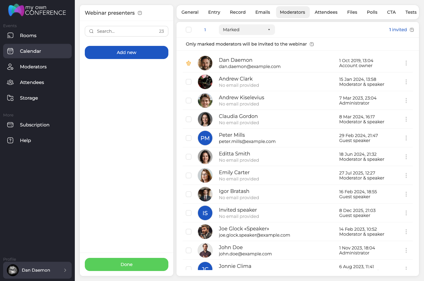 Karta Moderators z listą prelegentów, polami wyboru osób zapraszanych na webinar oraz ich rolami, od właściciela konta po gości