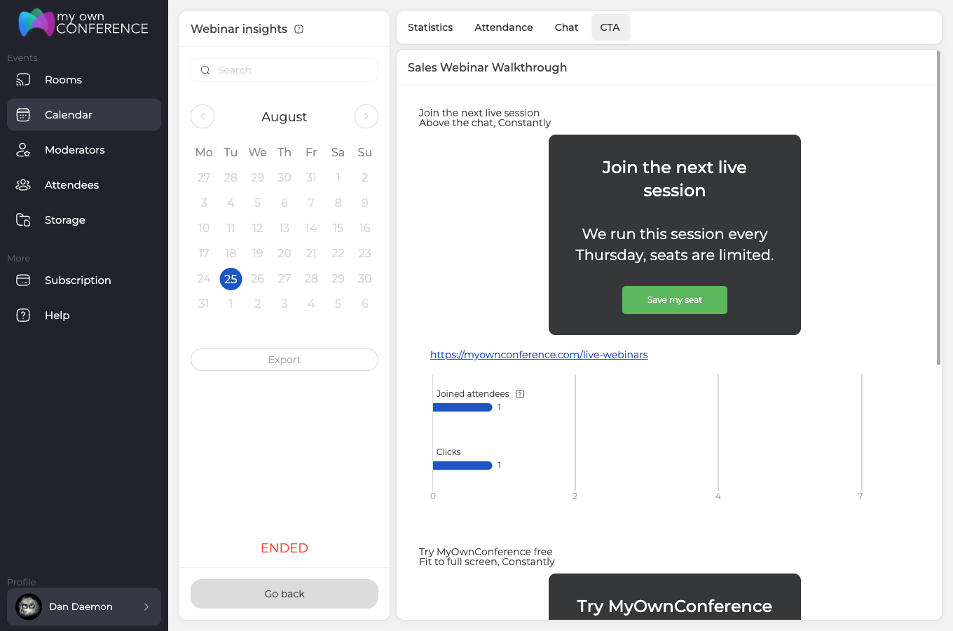 Statystyki CTA po webinarze z liczbą uczestników i kliknięć