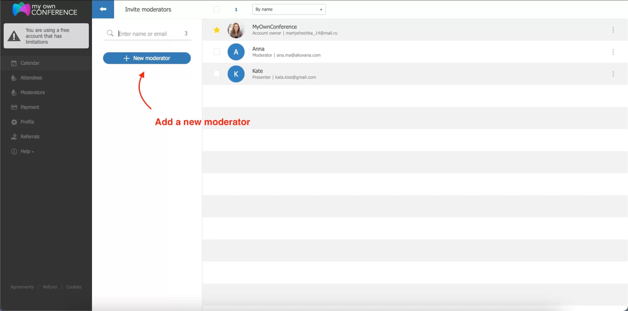 Screenshot showing how to add a new moderator in a webinar settings panel on MyOwnConference