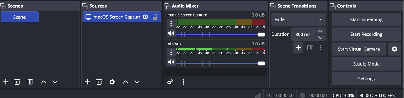 Панелі Scenes, Sources, Audio Mixer, Scene Transitions і Controls уздовж нижнього краю робочої області OBS Studio