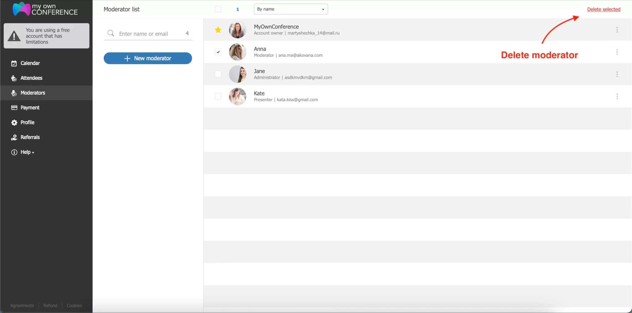 User interface showing how to delete a webinar moderator on the MyOwnConference platform