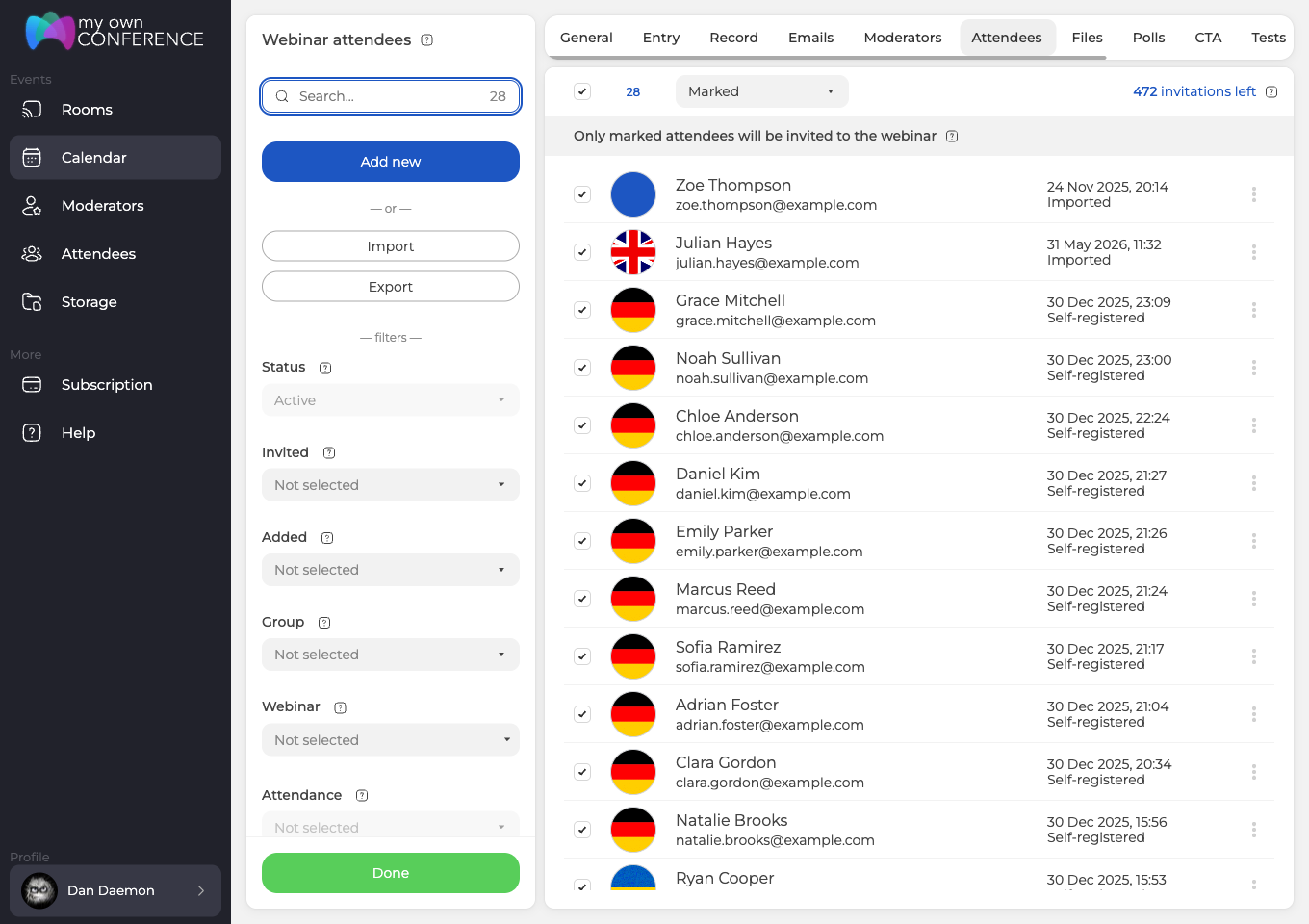La liste des participants avec le compteur d'invitations