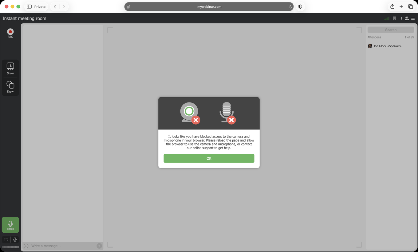 Der Webinar-Raum meldet, dass der Browser den Zugriff auf Kamera und Mikrofon gesperrt hat, und bittet darum, die Seite neu zu laden