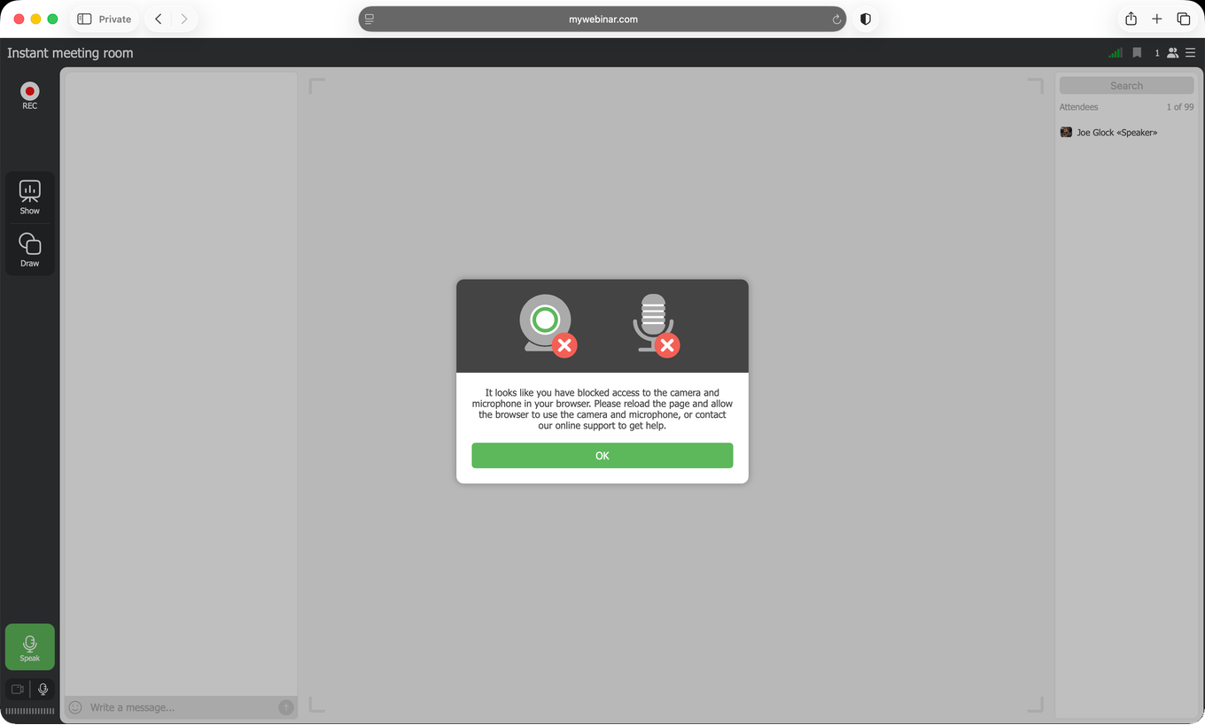 Der Webinar-Raum meldet, dass der Browser den Zugriff auf Kamera und Mikrofon gesperrt hat, und bittet darum, die Seite neu zu laden