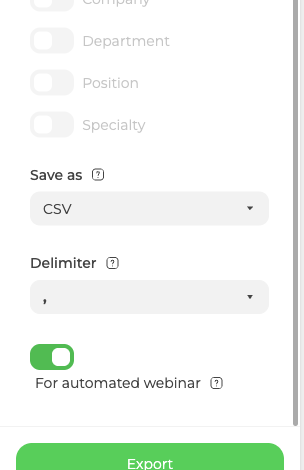 Das Panel zum Chat-Export mit eingeschaltetem Schalter für automatisiertes Webinar
