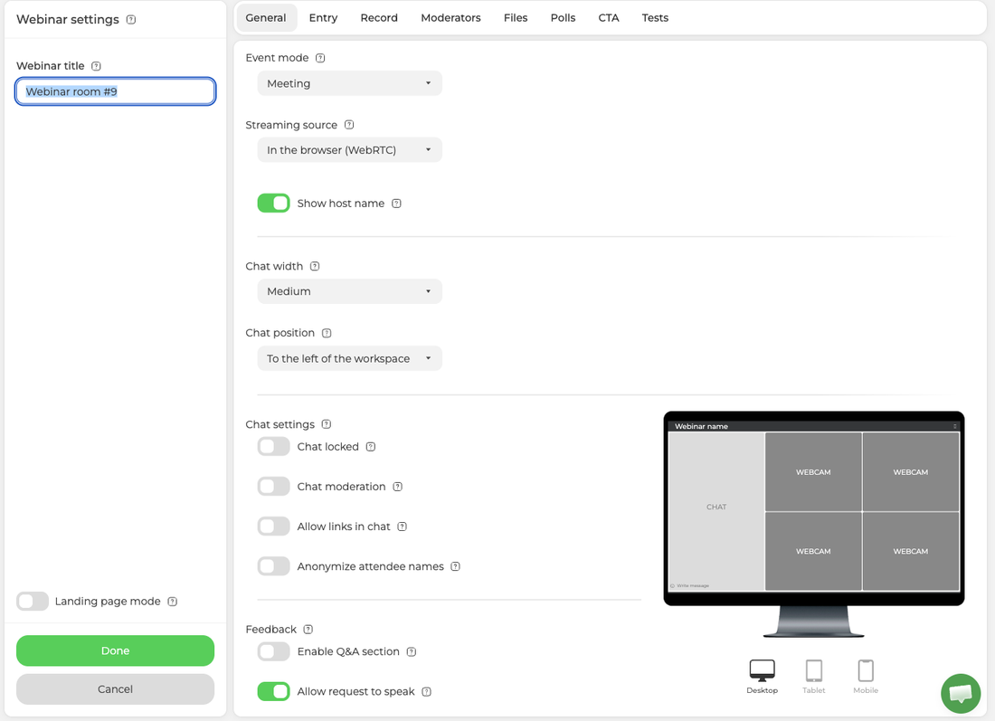 Die Einstellungen eines neuen Webinar-Raums