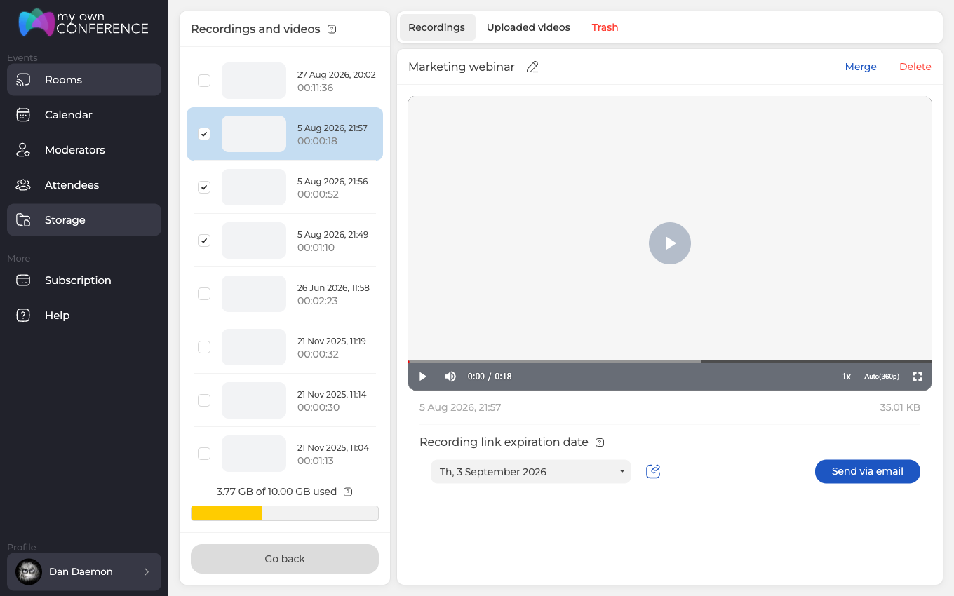 The recordings list with two rows ticked, and Merge in place of Edit and Download