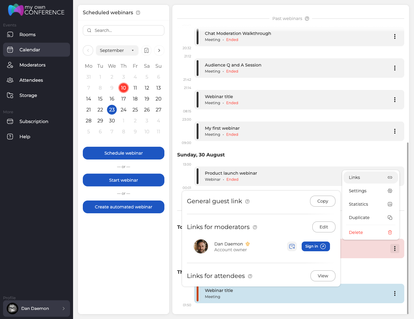 Panel linków otwarty z menu trzech kropek, z linkiem gościa do skopiowania, linkiem prezentera z przyciskiem dołączenia i sekcją linków dla uczestników