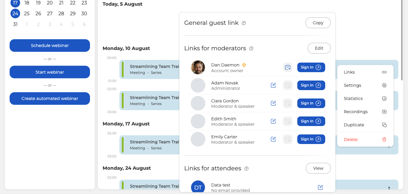 Le panneau des liens d'un webinaire planifié, avec un bouton de connexion sur chaque ligne d'animateur
