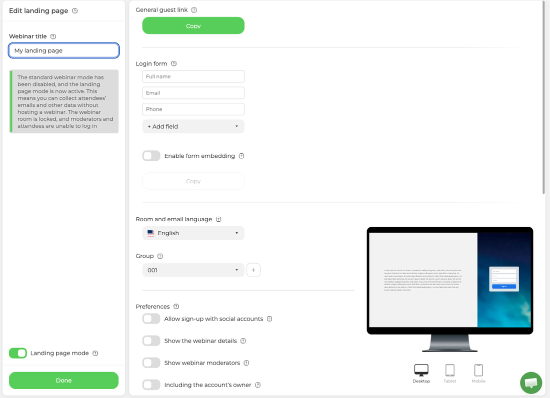 Ein Raum, der in den Landingpage-Modus umgeschaltet wurde