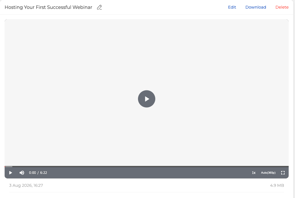 Le panneau des enregistrements et vidéos avec un enregistrement ouvert dans le lecteur