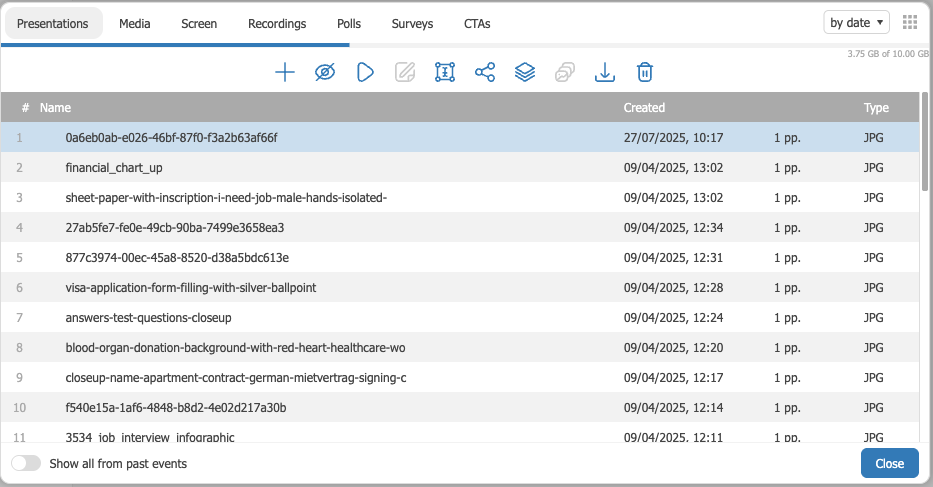 Die Materialübersicht eines Webinar-Raums