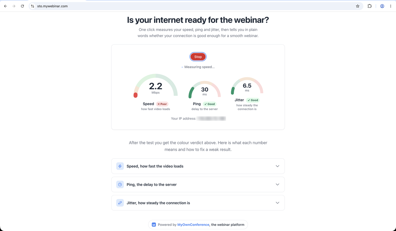 Il controllo della connessione per i partecipanti con i risultati di velocità, ping e jitter e un verdetto su ognuno