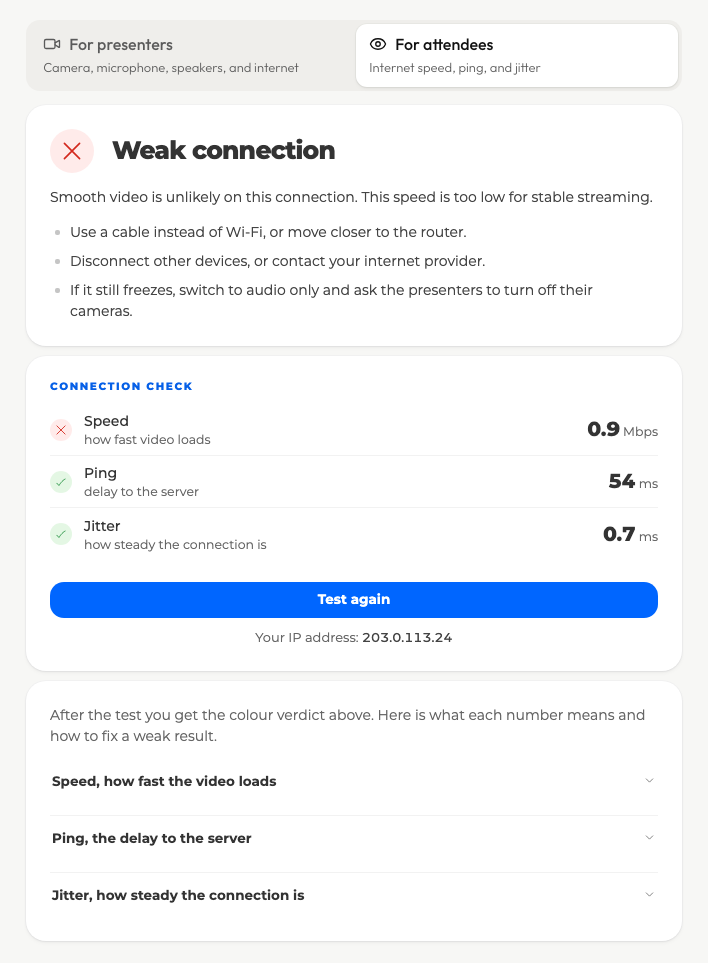 Le contrôle de connexion affichant 0,9 Mbit/s avec un verdict faible sur le débit, un bon ping, une bonne gigue et l'avertissement de connexion faible