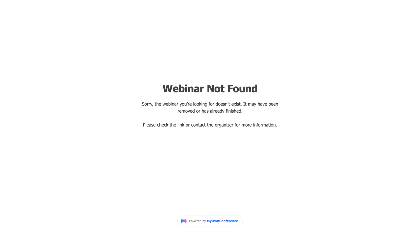 Strona Webinar Not Found, która otwiera się przy błędnym linku albo przy zniknięciu wydarzenia