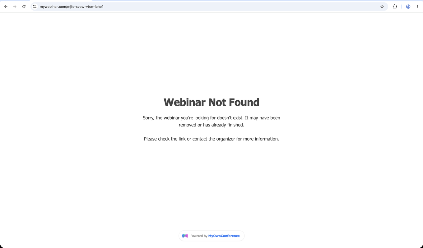 La pagina Webinar Not Found che compare con un link sbagliato o con un evento sparito