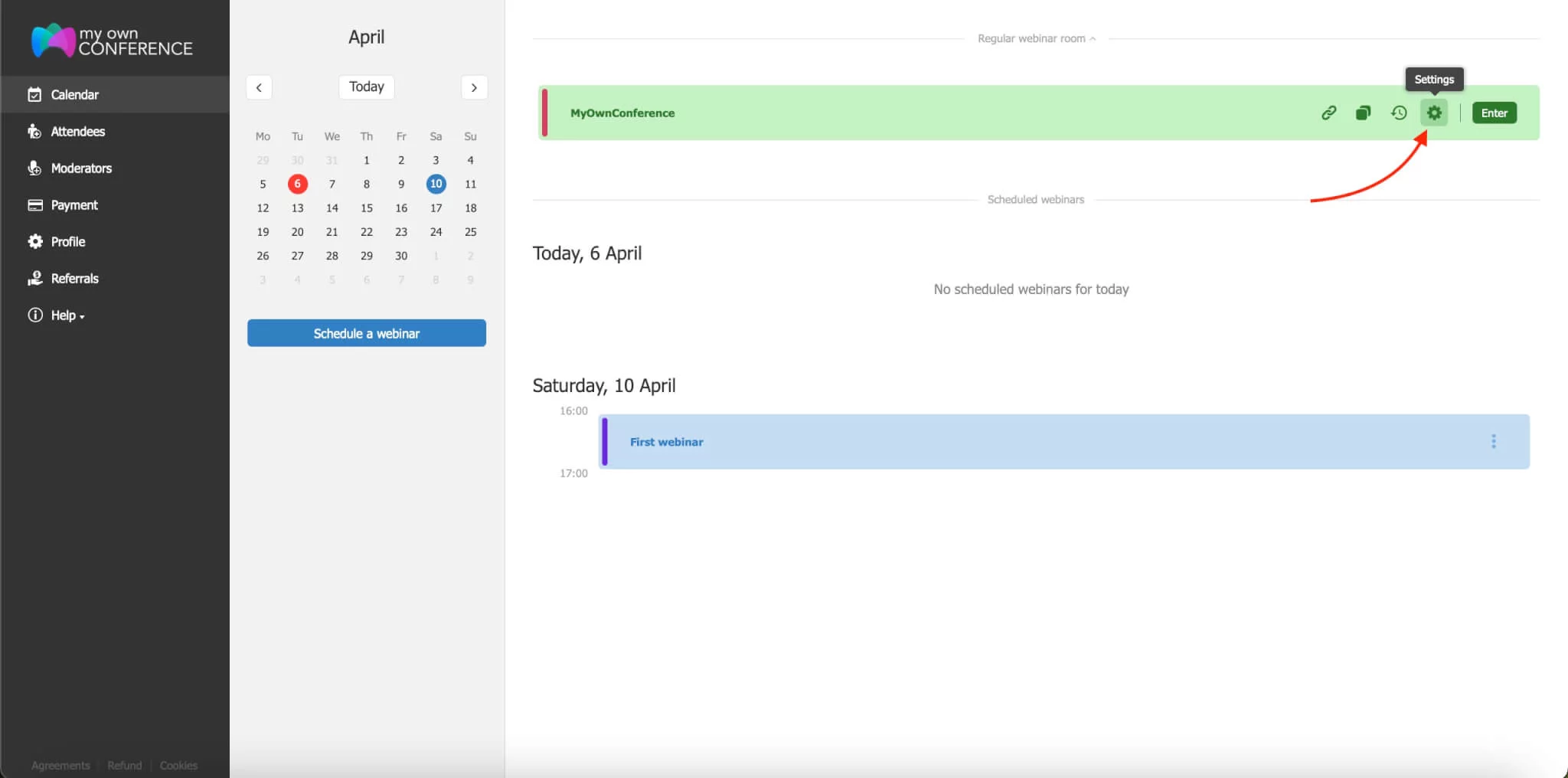 Screenshot of API integration guide interface on the MyOwnConference webinar platform