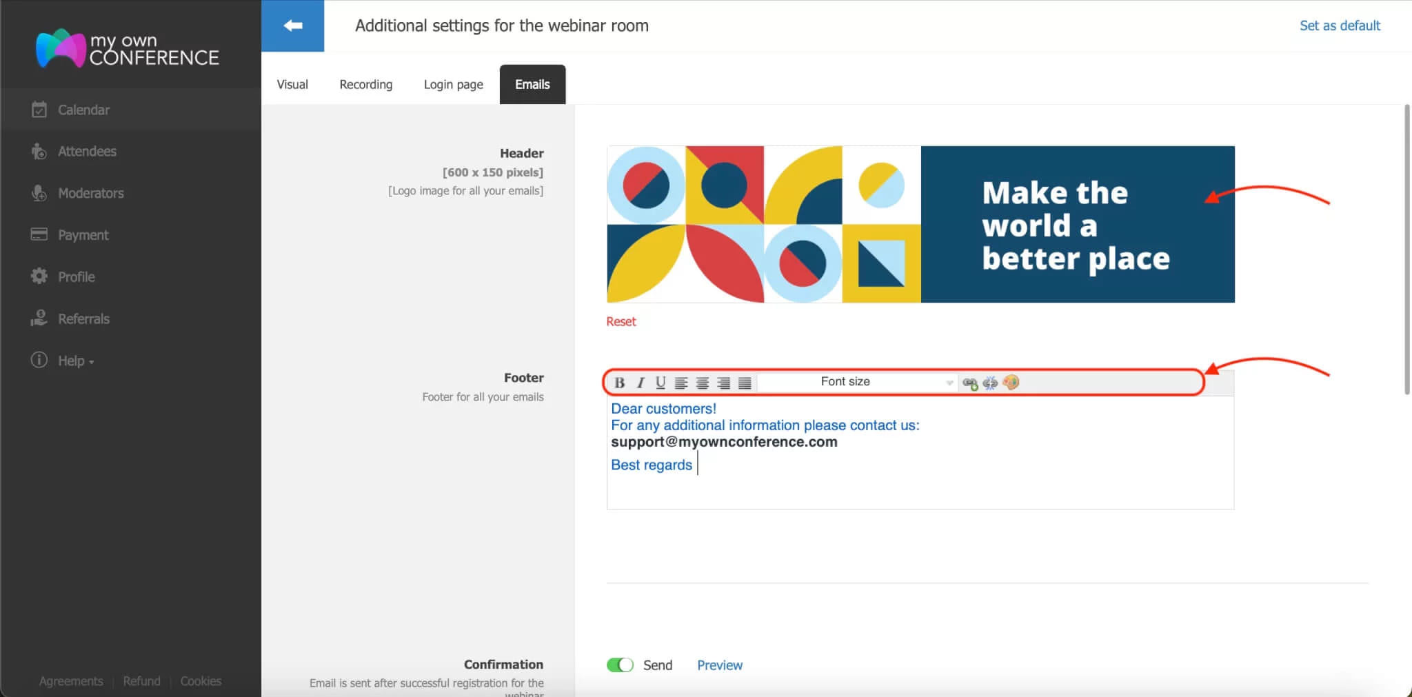The Footer field of the email editor with contact details and a link filled in