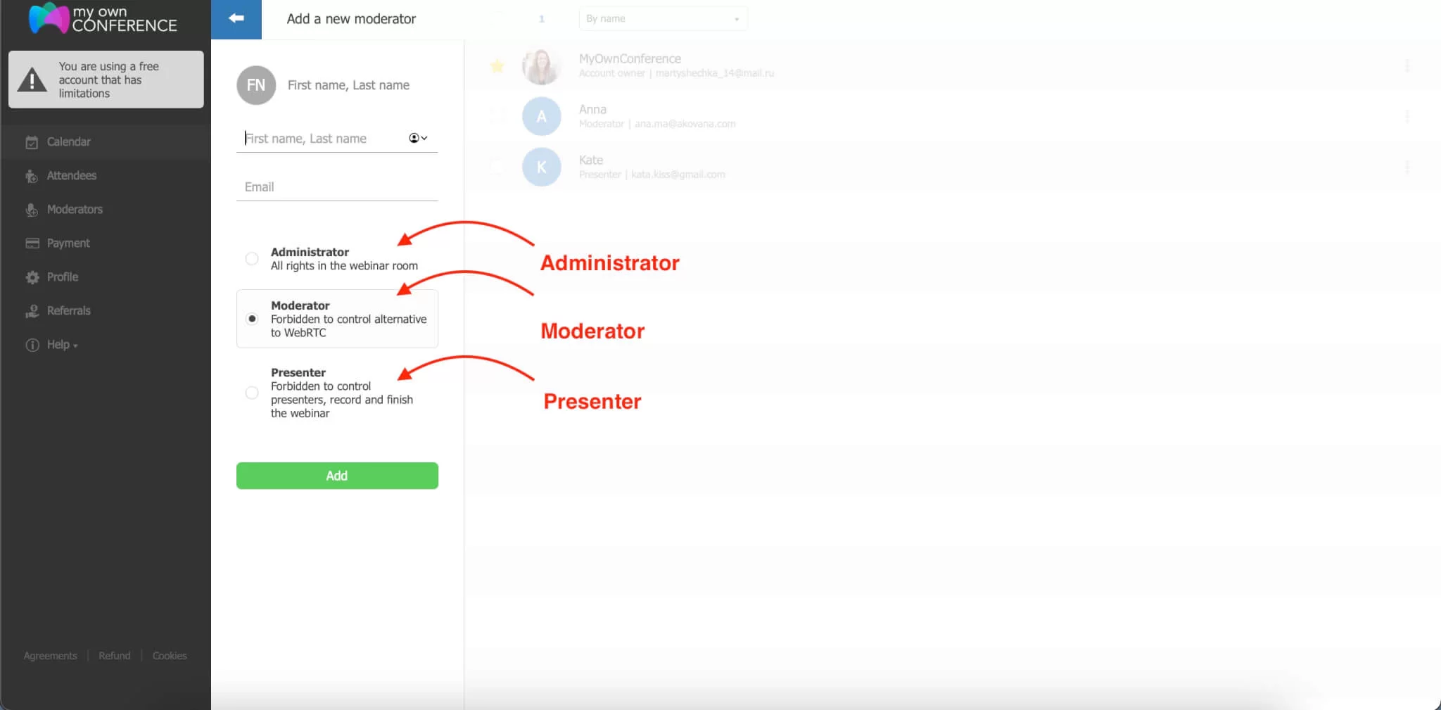 Dashboard showing moderator tools and controls used during a live webinar session