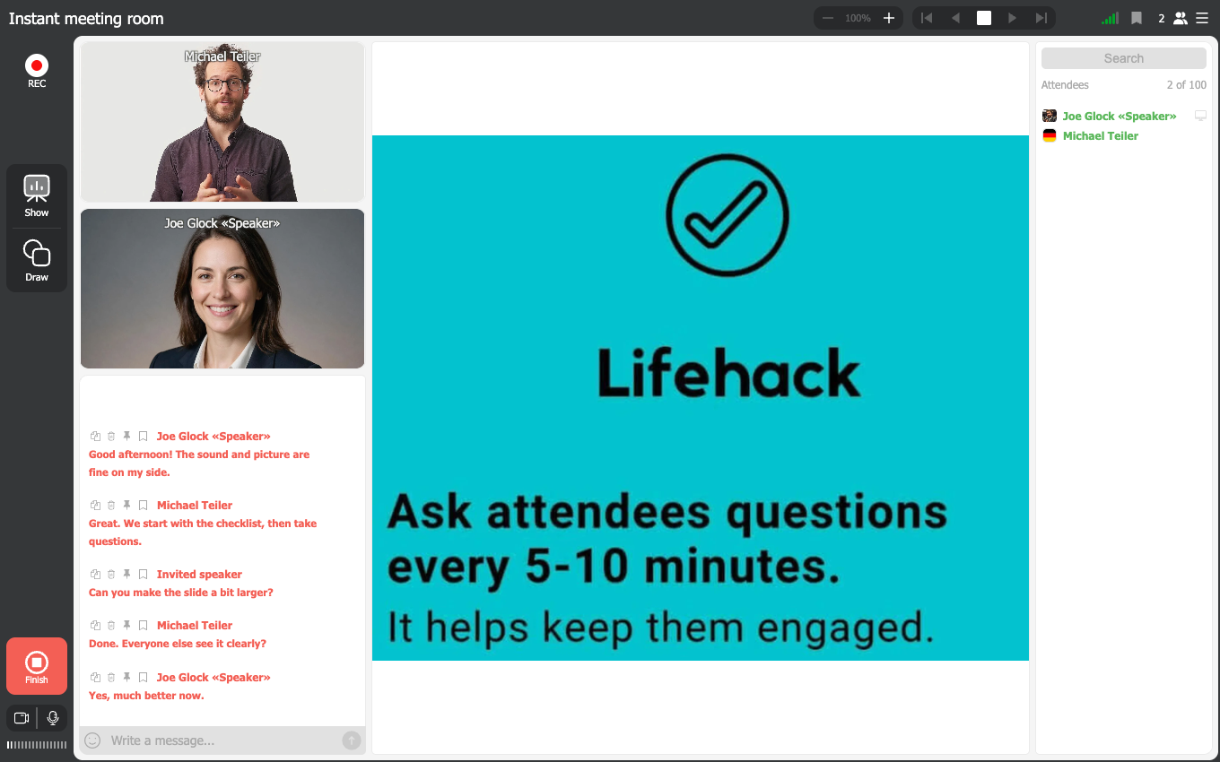 The webinar room with two presenters on camera, the chat beside them and a slide reminding the host to ask attendees questions every five to ten minutes