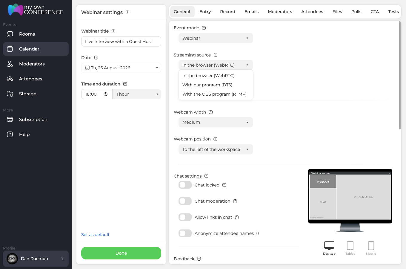 Вкладка General у налаштуваннях вебінару, список Streaming source розкрито на варіанті With the OBS program (RTMP)