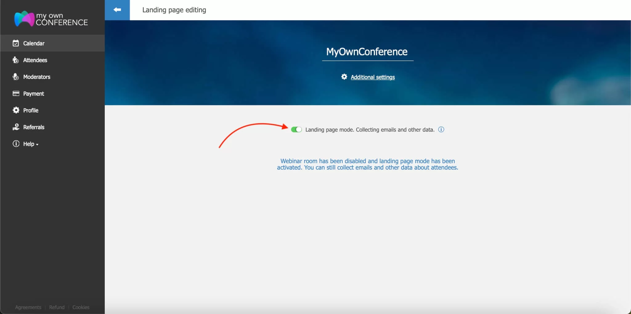 Activating landing page mode