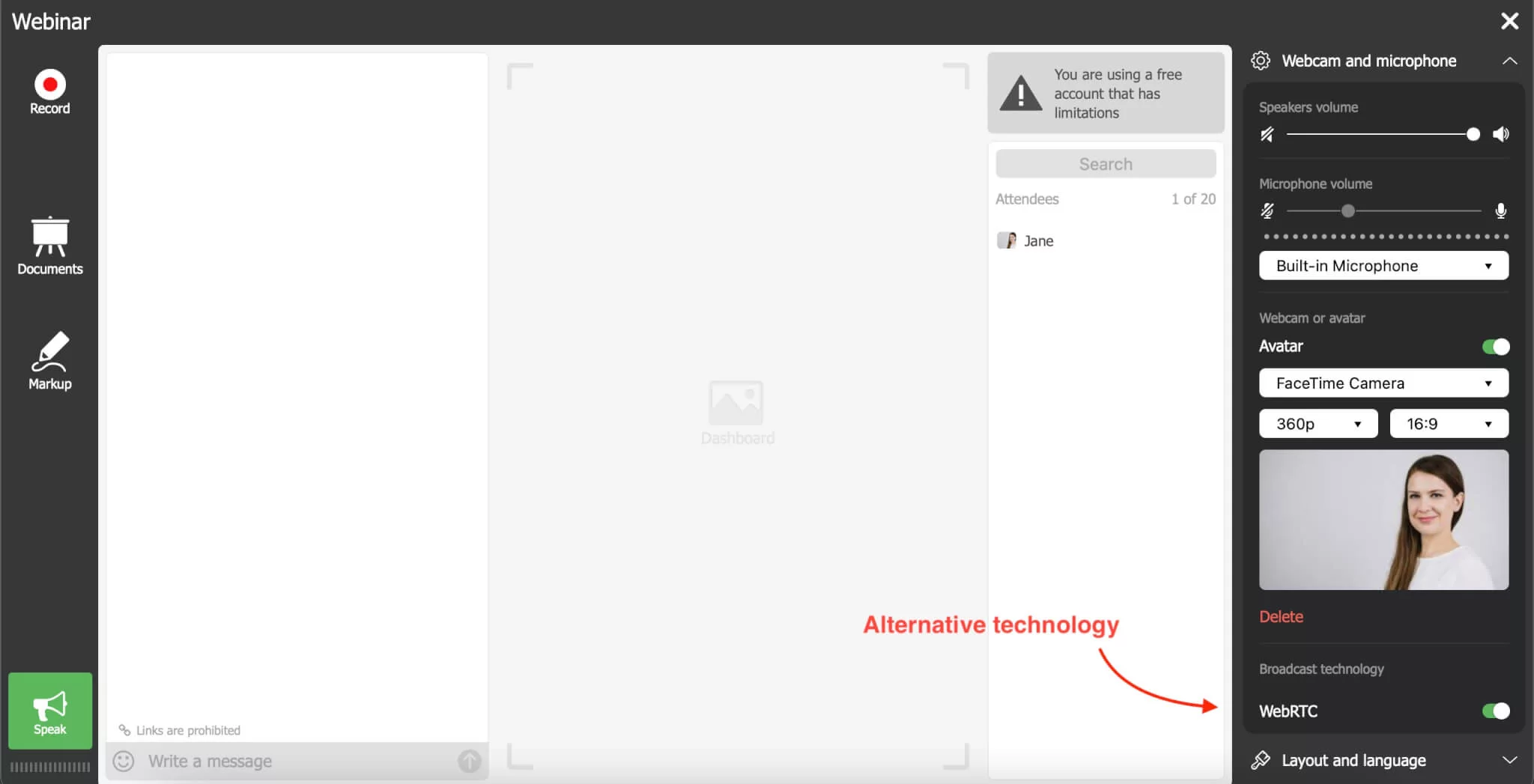 Screenshot of webinar administration dashboard showing participant management tools