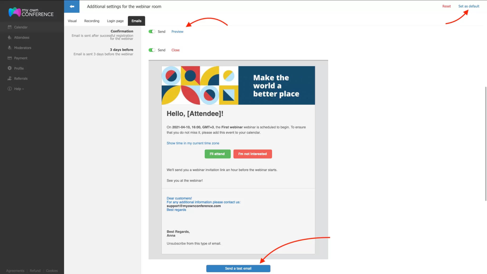 The Preview button under the email editor showing how the invitation will reach attendees