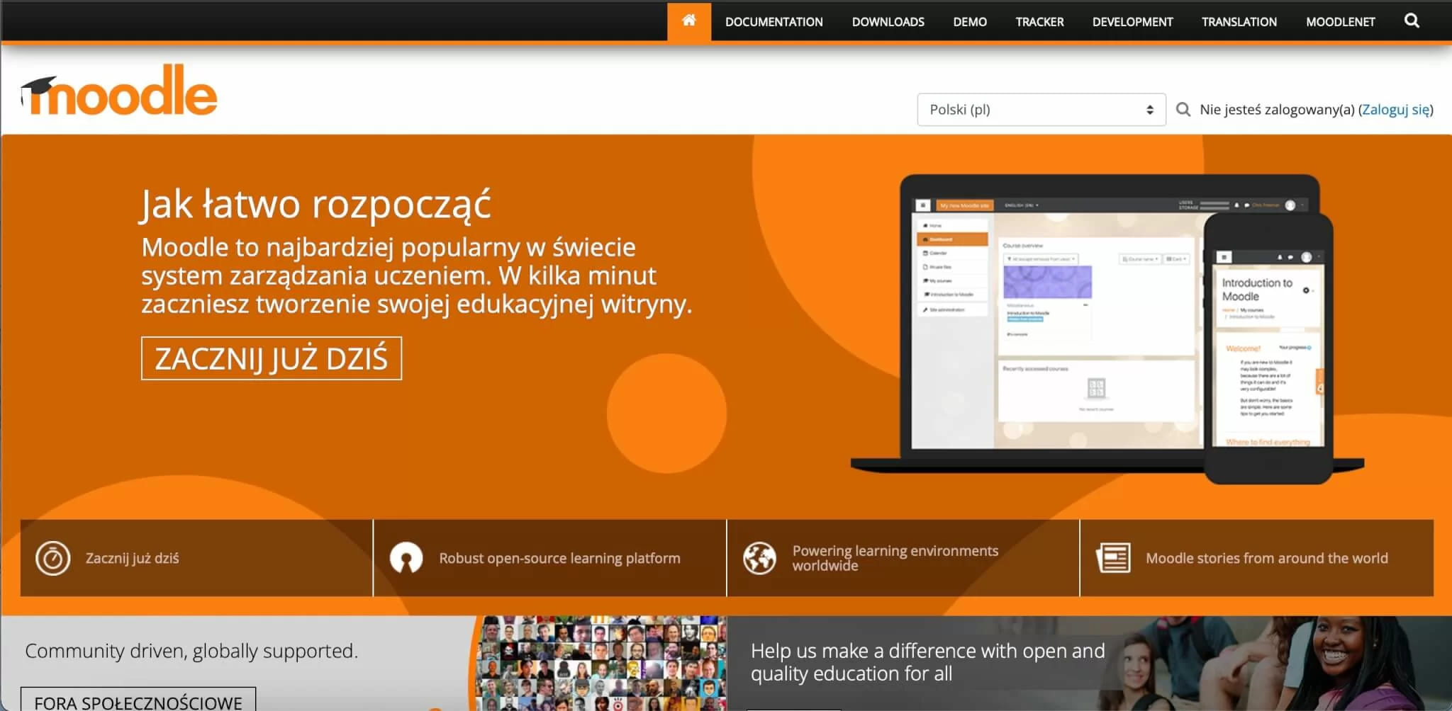 Головна сторінка Moodle із закликом почати роботу та знімками інтерфейсу