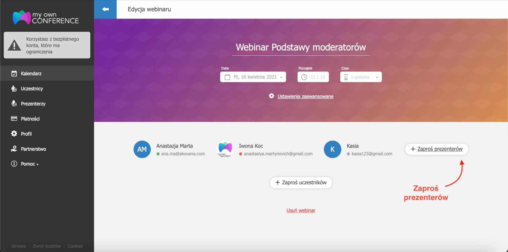 Zgrany zespół wspierający przebieg webinaru