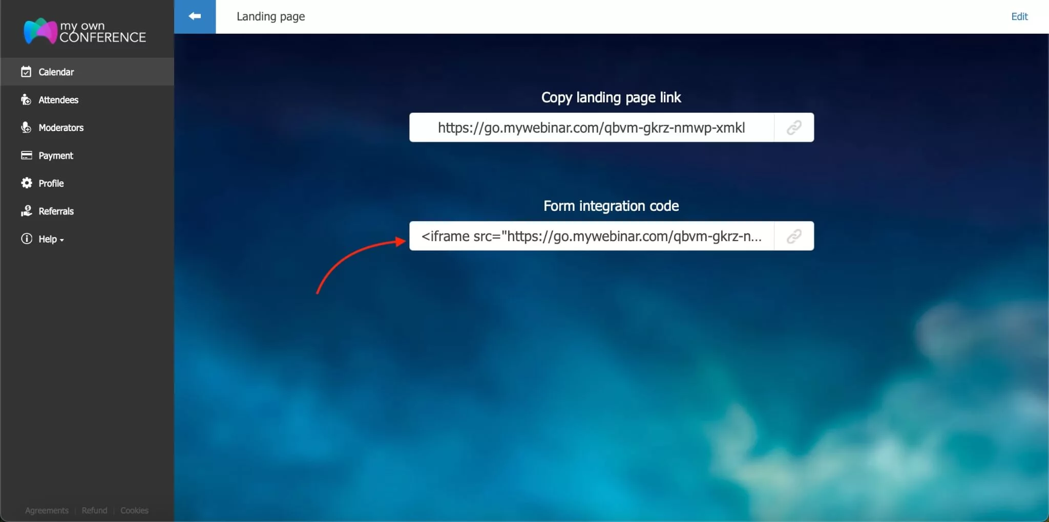 Get IFRAME for the landing page