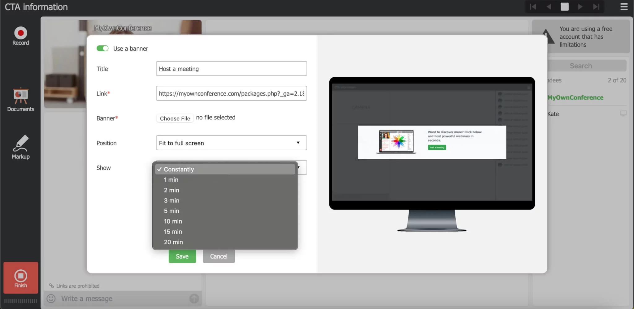 Call-to-action time settings.