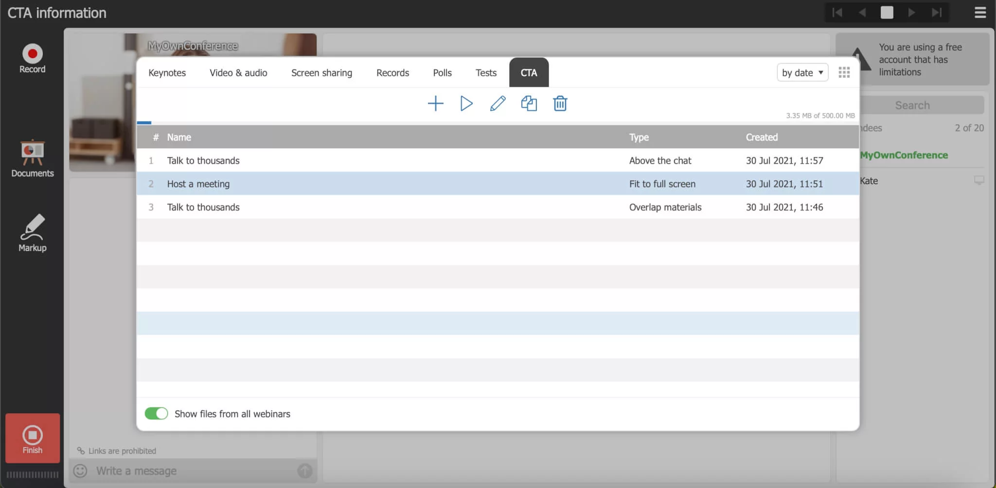Call to action list in webinar room.