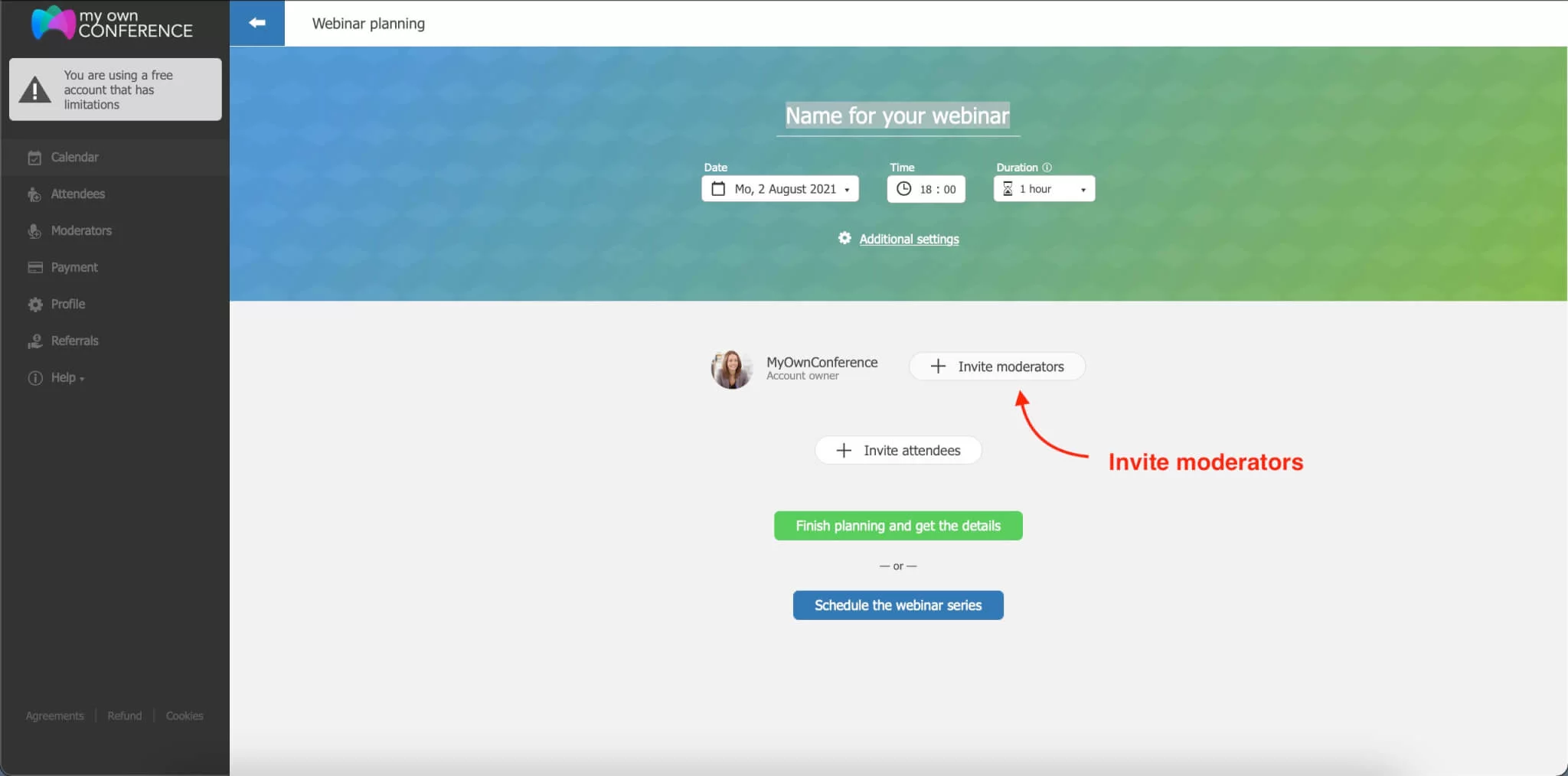 Webinar interface showing how to invite moderators and co-hosts in MyOwnConference platform