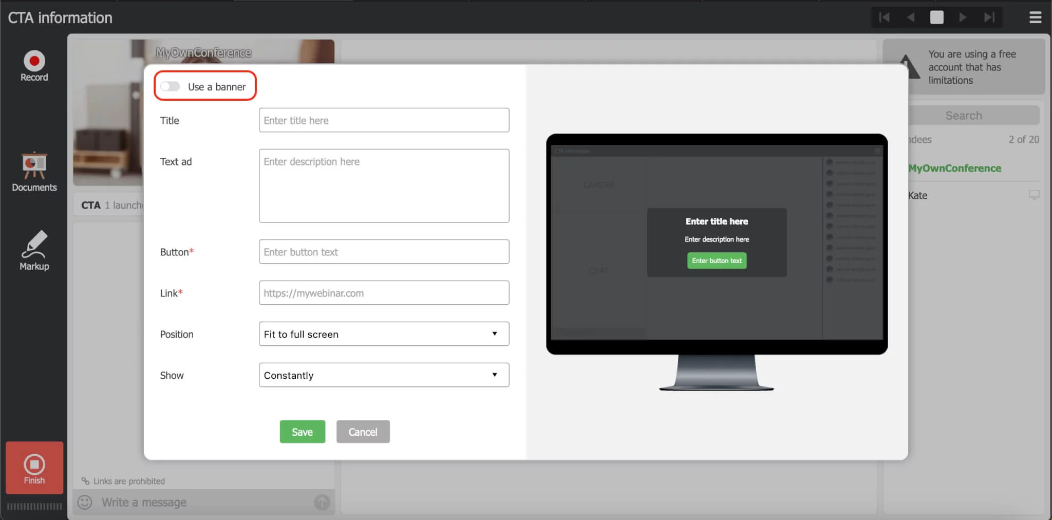 Call-to-action banner editor.