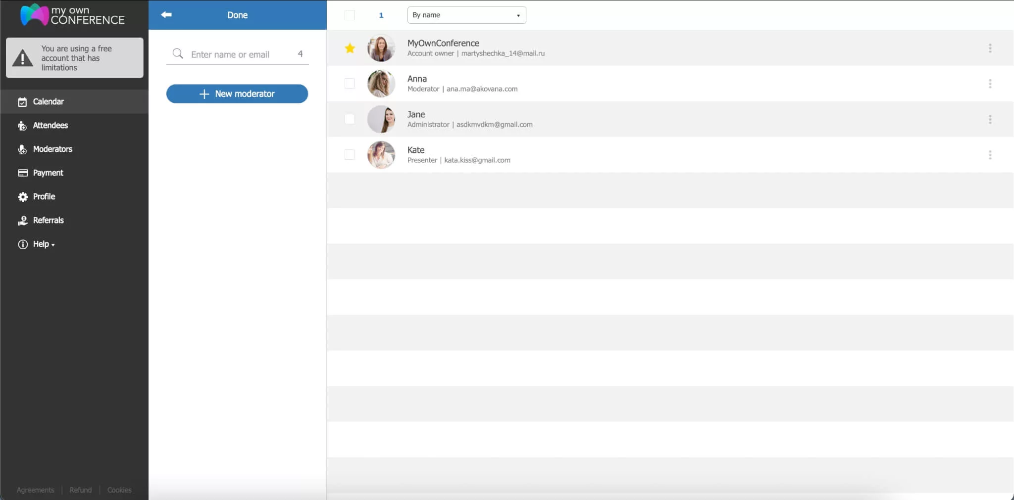 Webinar platform interface showing a list of moderators with names, photos, and assigned roles