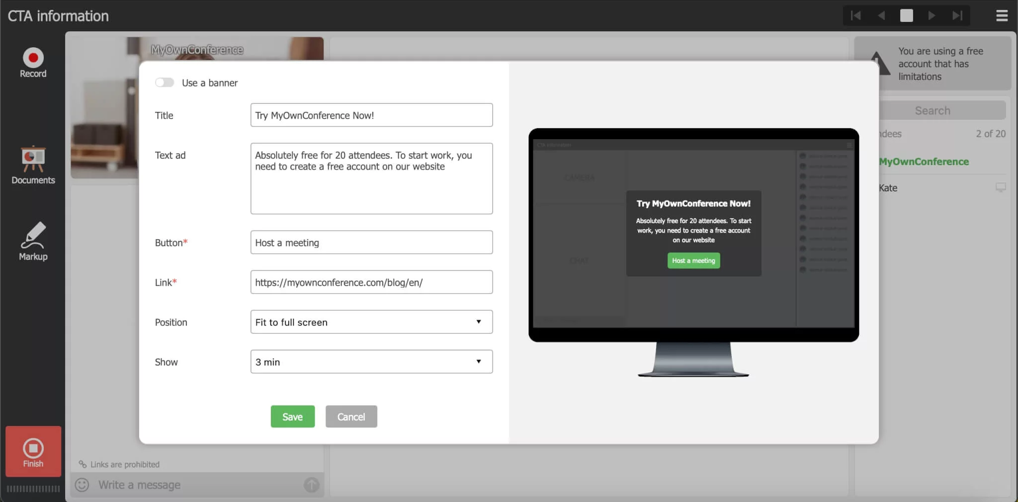 Call to action working tools and settings.