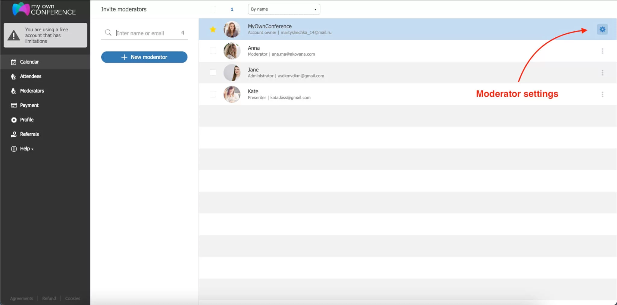 Screenshot of the moderator control panel for managing webinar settings in MyOwnConference