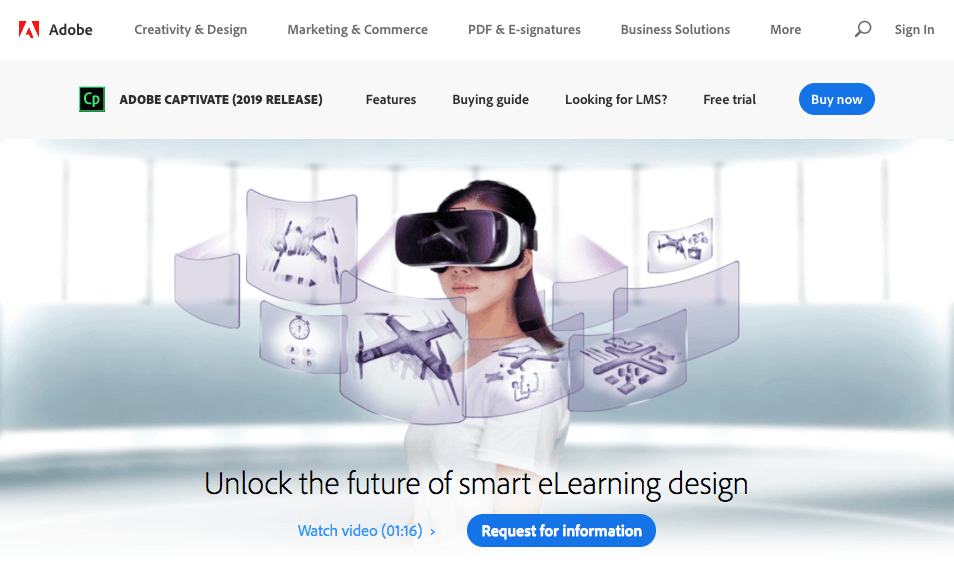 The Adobe Captivate page showing a woman in a virtual reality headset surrounded by floating course panels