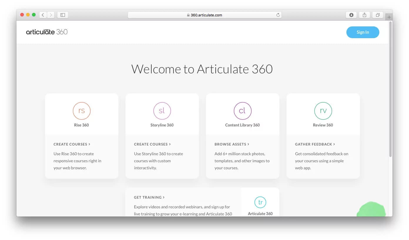 The Articulate 360 welcome screen with cards for Rise, Storyline, Content Library and Review