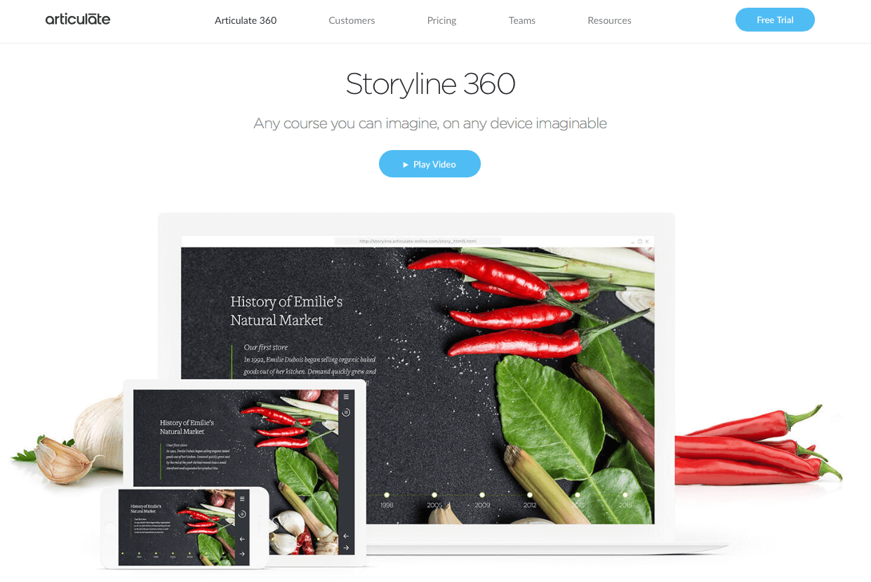 The Storyline 360 page showing the same course laid out on a laptop, a tablet and a phone