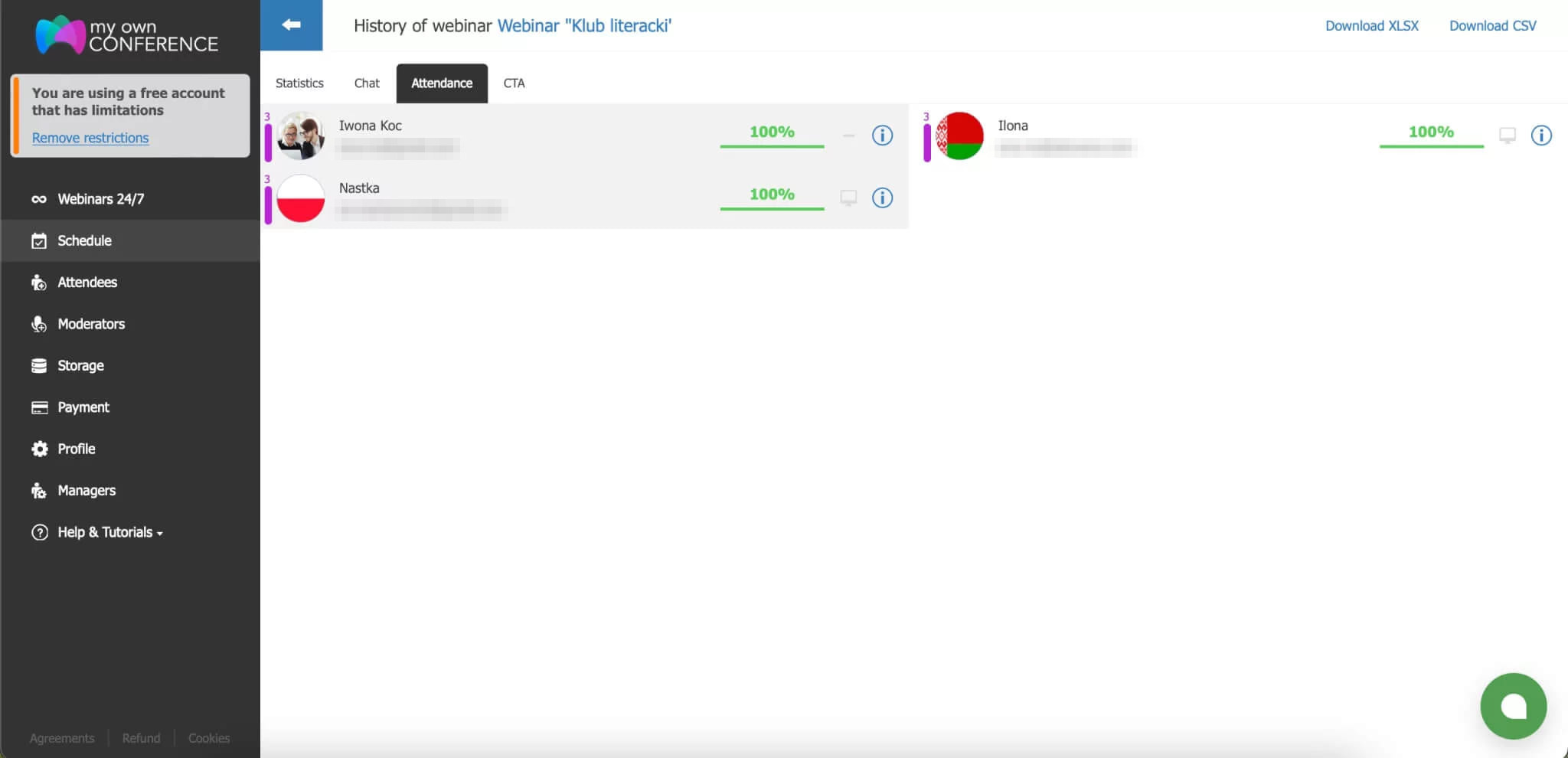 Dashboard showing attendee history and engagement metrics during an online webinar