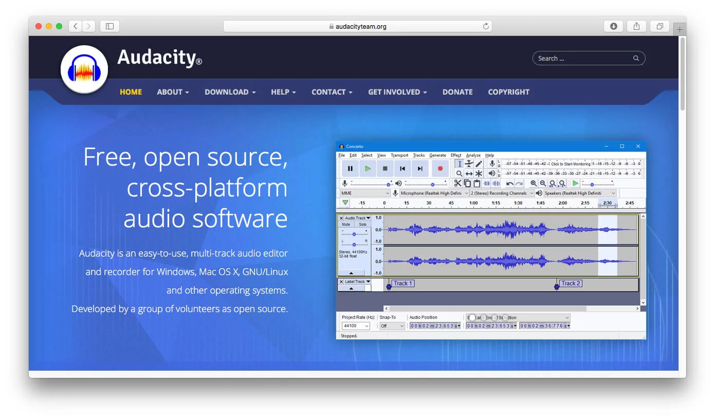 The Audacity home page beside a screenshot of its editor showing two stereo waveform tracks