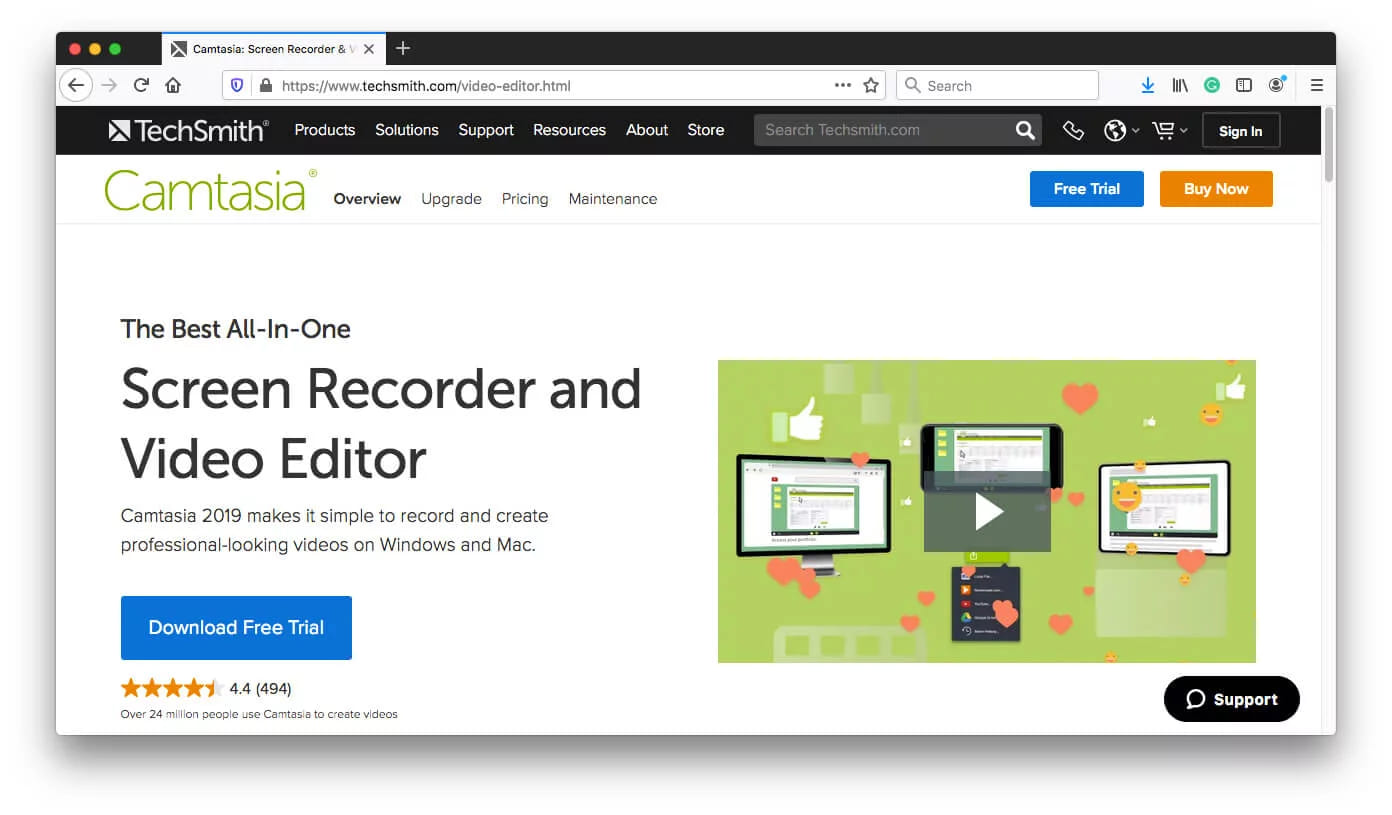 The Camtasia page for its screen recorder and video editor with a free trial button and a star rating