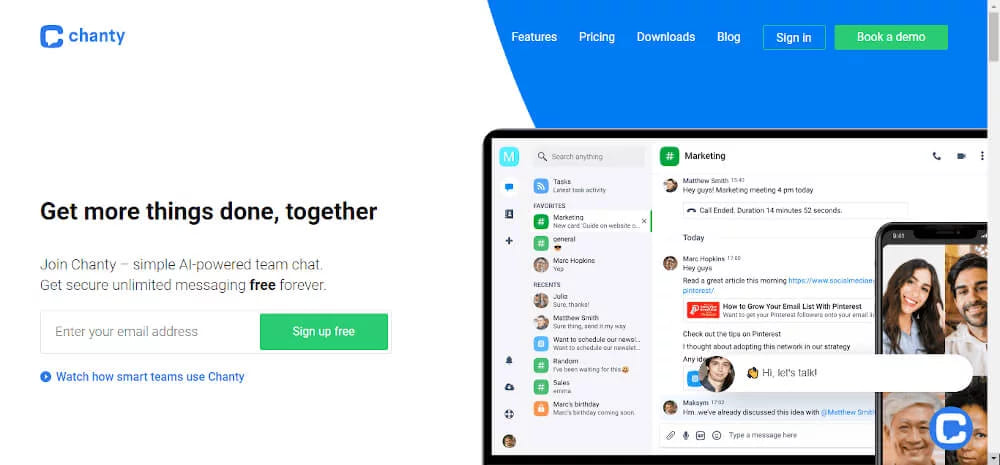 The Chanty home page with a sign-up field beside a laptop showing team chat channels and a video call